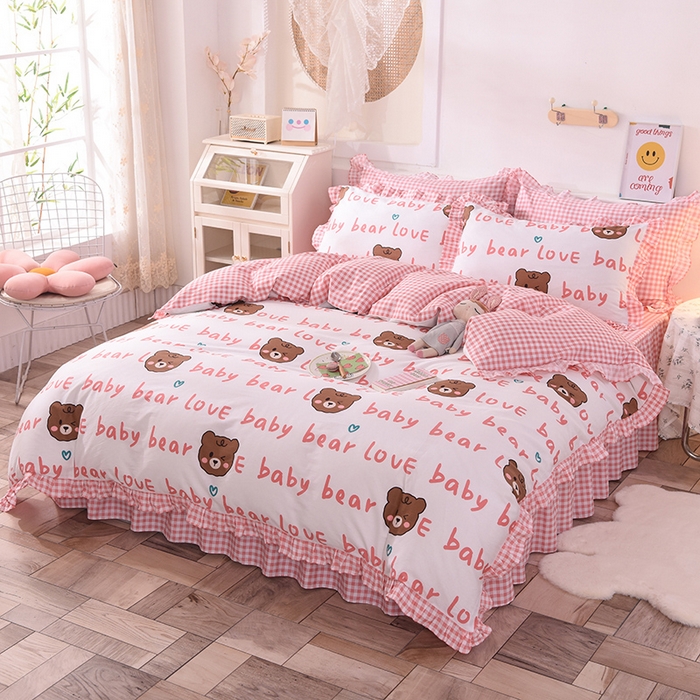 91家纺网 家纺一手货源 找家纺 2025新款公主风四件套全棉纯棉白花边被套床单款式三件套 熊宝宝