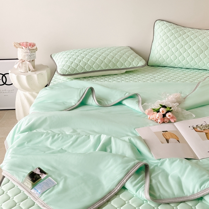 91家纺网 家纺一手货源 找家纺 欧邦2025新款纯色加厚乳胶床笠三件套 方格-水绿