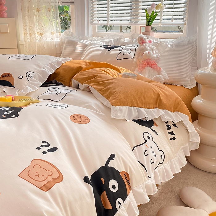 91家纺网 家纺一手货源 找家纺 2025新款公主风四件套全棉纯棉白花边被套床单款式三件套 煤球