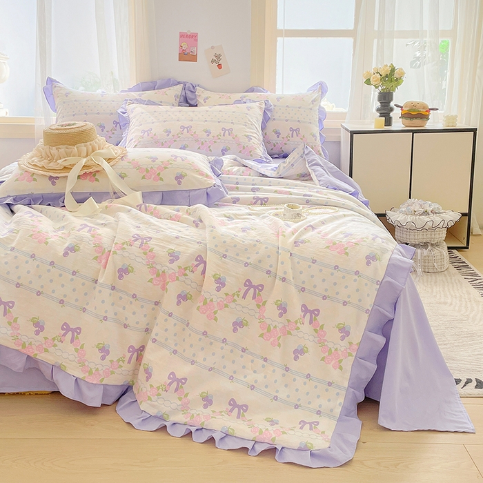 91家纺网 家纺一手货源 找家纺 佳一家纺 2025新款亲肤水洗棉夏被 蝴蝶结紫