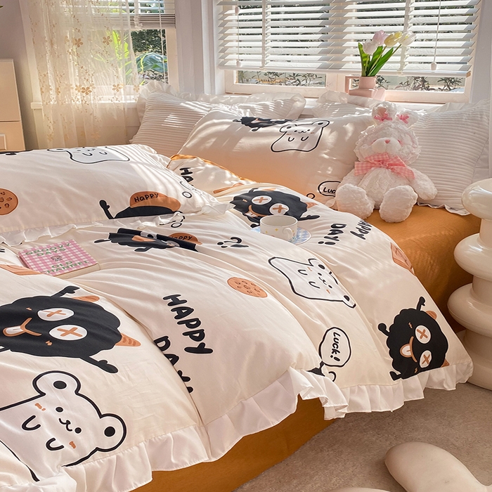 91家纺网 家纺一手货源 找家纺 2025新款公主风四件套全棉纯棉白花边被套床单款式三件套 煤球