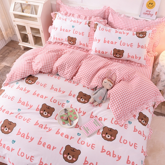 91家纺网 家纺一手货源 找家纺 2025新款公主风四件套全棉纯棉白花边被套床单款式三件套 熊宝宝