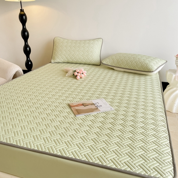 91家纺网 家纺一手货源 找家纺 欧邦2025新款纯色加厚乳胶床笠三件套 饼干花-果绿