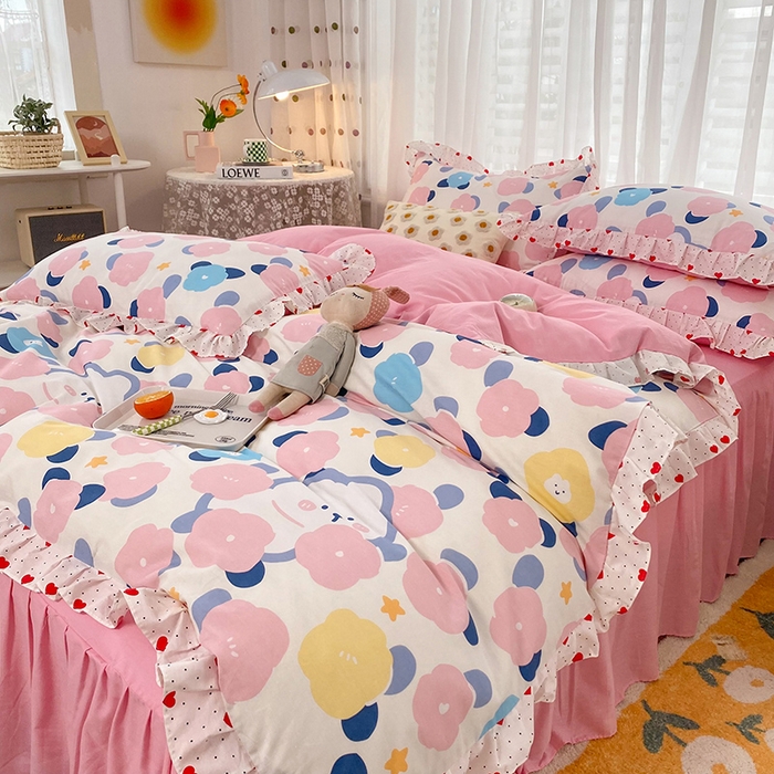 91家纺网 家纺一手货源 找家纺 2025新款公主风四件套全棉纯棉白花边被套床单款式三件套 小红花