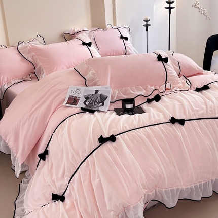 91家纺网 家纺一手货源 找家纺 （总）艺玲2025新款法式高定蝴蝶结赛琳娜雪纺花边四件套