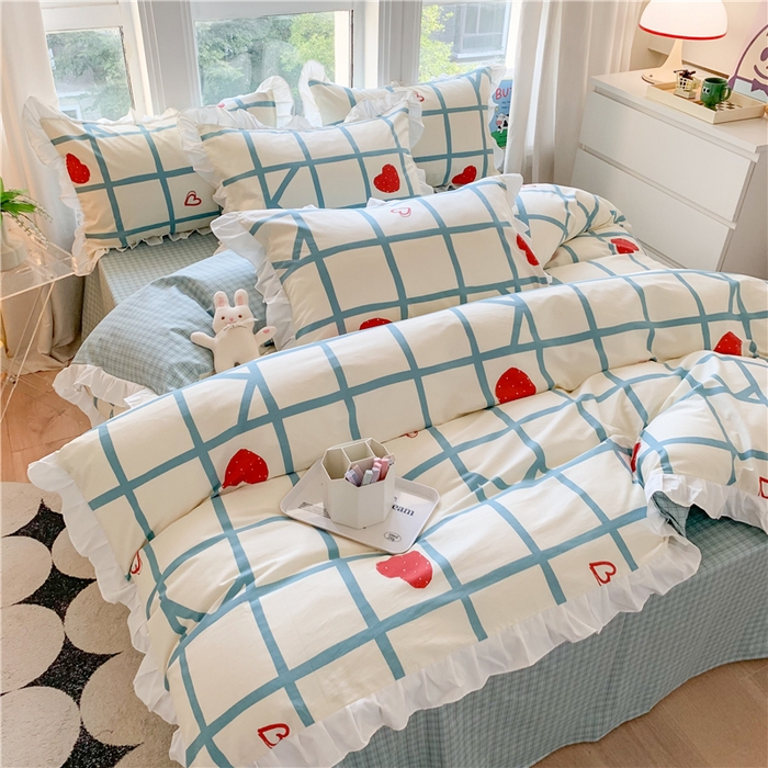 91家纺网 家纺一手货源 找家纺 2025新款公主风四件套全棉纯棉白花边被套床单款式三件套 心心格