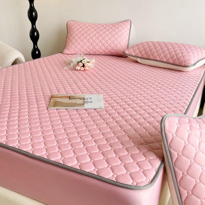 91家纺网 家纺一手货源 找家纺 欧邦2025新款纯色加厚乳胶床笠三件套 方格-豆粉