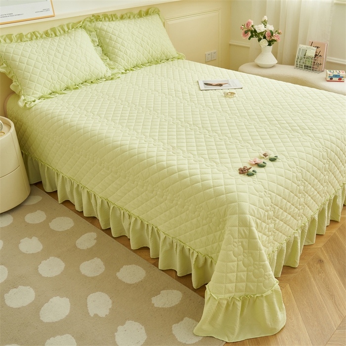 91家纺网 家纺一手货源 找家纺 恒爱家纺 2025新款A类泡泡纱床盖-杜鹃 芥末绿