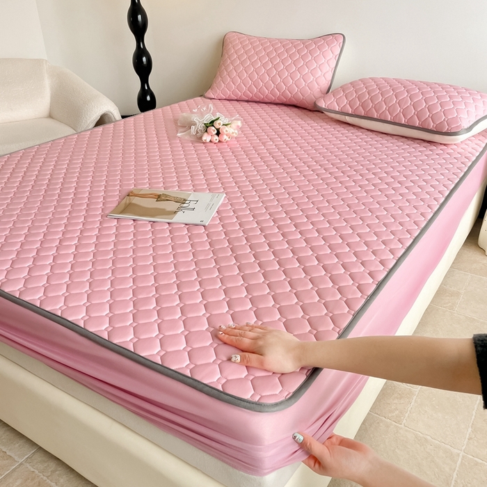 91家纺网 家纺一手货源 找家纺 欧邦2025新款纯色加厚乳胶床笠三件套 方格-豆粉