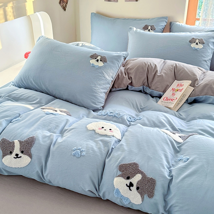 91家纺网 家纺一手货源 找家纺 优卡迪家纺馆 2025新款水洗棉毛巾绣四件套（下载文件夹包含买家秀） 萌萌狗-月光蓝