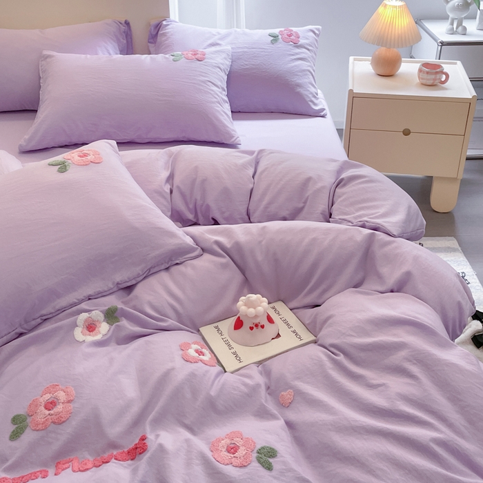 91家纺网 家纺一手货源 找家纺 优卡迪家纺馆 2025新款水洗棉毛巾绣四件套（下载文件夹包含买家秀） 国色天香-浅紫