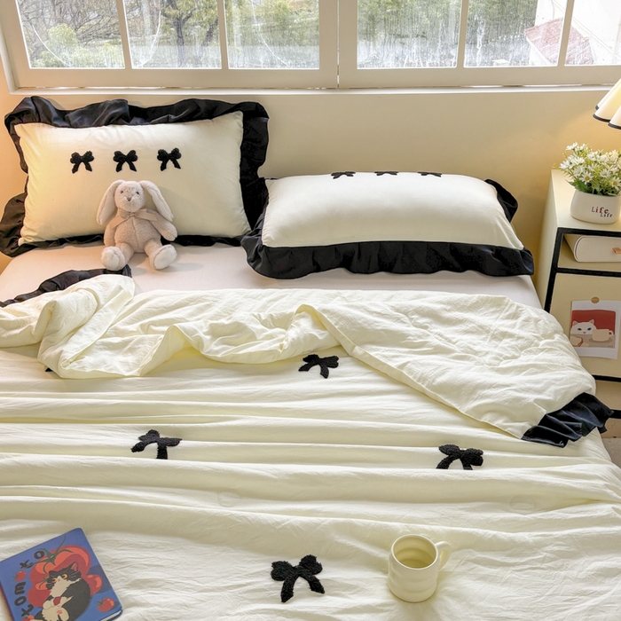 91家纺网 家纺一手货源 找家纺 老K (原美阁） 2025新款毛巾绣韩版单夏被空调被单品 蝴蝶结-米白