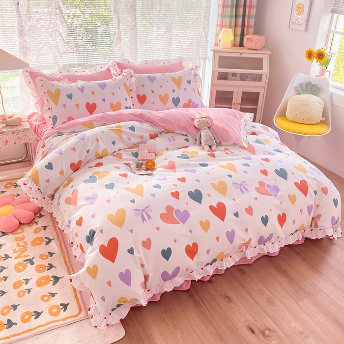 91家纺网 家纺一手货源 找家纺 2025新款公主风四件套全棉纯棉白花边被套床单款式三件套 满心喜悦