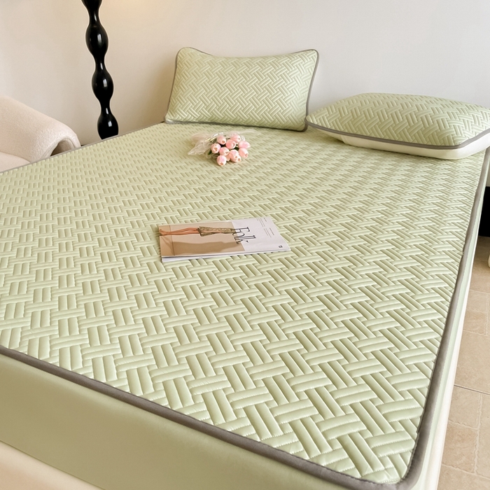 91家纺网 家纺一手货源 找家纺 欧邦2025新款纯色加厚乳胶床笠三件套 饼干花-果绿