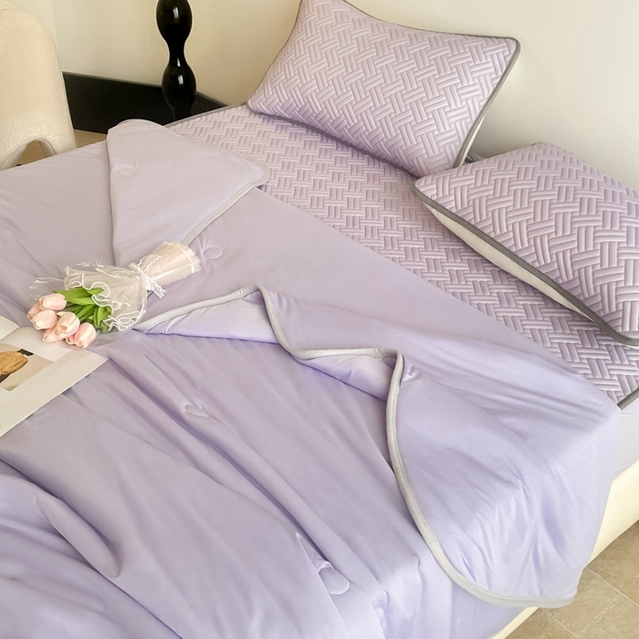 91家纺网 家纺一手货源 找家纺 欧邦2025新款纯色加厚乳胶床笠三件套 饼干花-浅紫