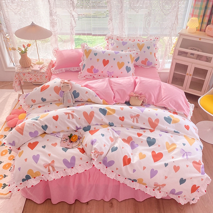 91家纺网 家纺一手货源 找家纺 2025新款公主风四件套全棉纯棉白花边被套床单款式三件套 满心喜悦