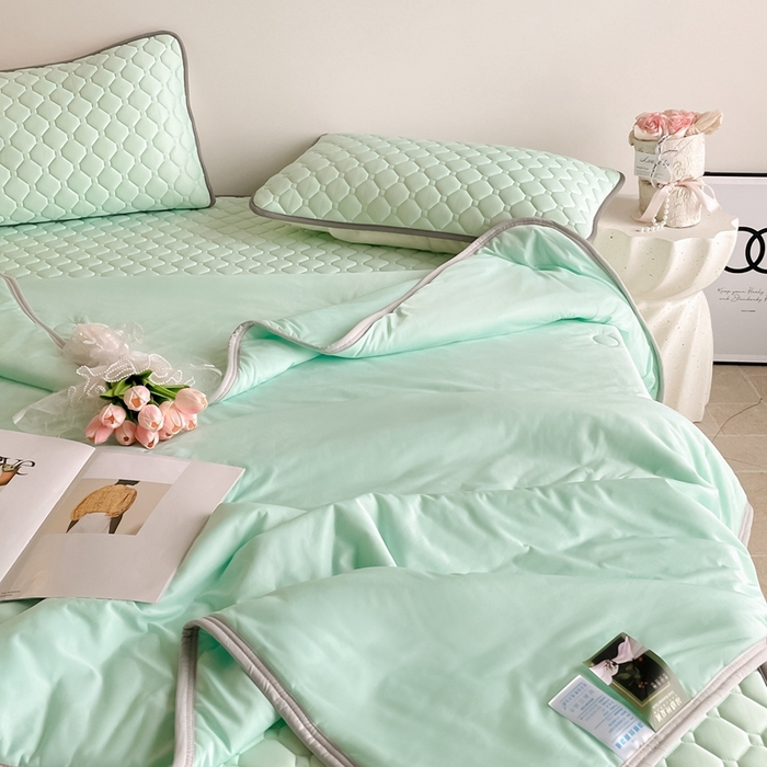 91家纺网 家纺一手货源 找家纺 欧邦2025新款纯色加厚乳胶床笠三件套 方格-水绿