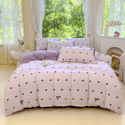 仟网汇 2025新款亲肤舒适提花小竺棉彩竹棉彩竺棉系列四件套 彩竺棉-紫爱心