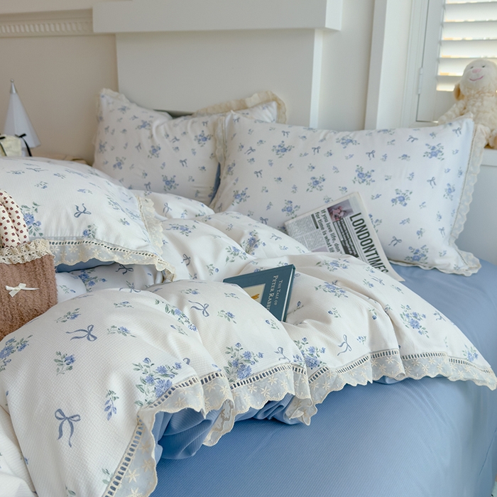 91家纺网 家纺一手货源 找家纺 竹合家纺 2025新款春日碎花法式镂空花边款式提花皱皱四件套 法式-晨曦