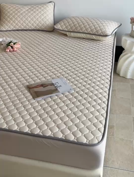 91家纺网 家纺一手货源 找家纺 欧邦2025新款纯色加厚乳胶床笠三件套 方格-米杏