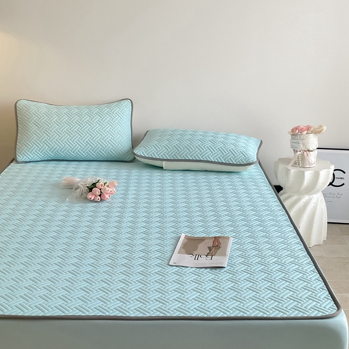 91家纺网 家纺一手货源 找家纺 欧邦2025新款纯色加厚乳胶床笠三件套 饼干花-湖蓝