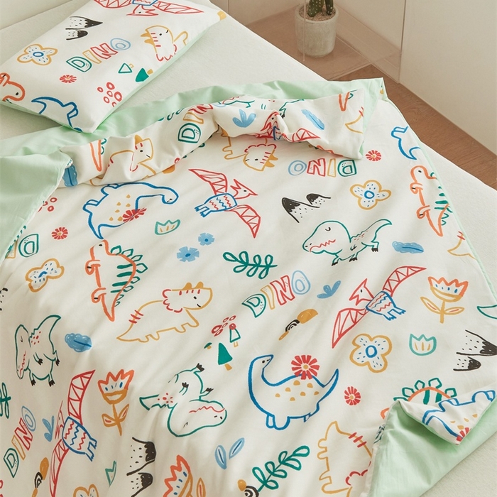 91家纺网 家纺一手货源 找家纺 艾佳宝贝 2025新款A类儿童全棉多功能单被套可拆式夏被 好多恐龙
