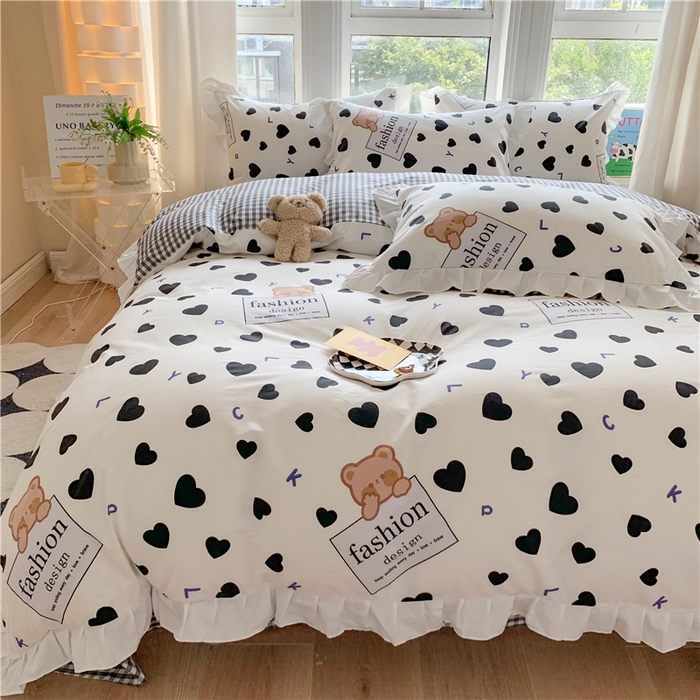 91家纺网 家纺一手货源 找家纺 2025新款公主风四件套全棉纯棉白花边被套床单款式三件套 爱心小熊