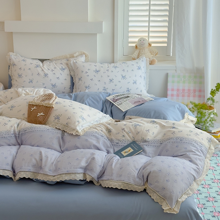 91家纺网 家纺一手货源 找家纺 竹合家纺 2025新款春日碎花法式镂空花边款式提花皱皱四件套 法式-晨曦