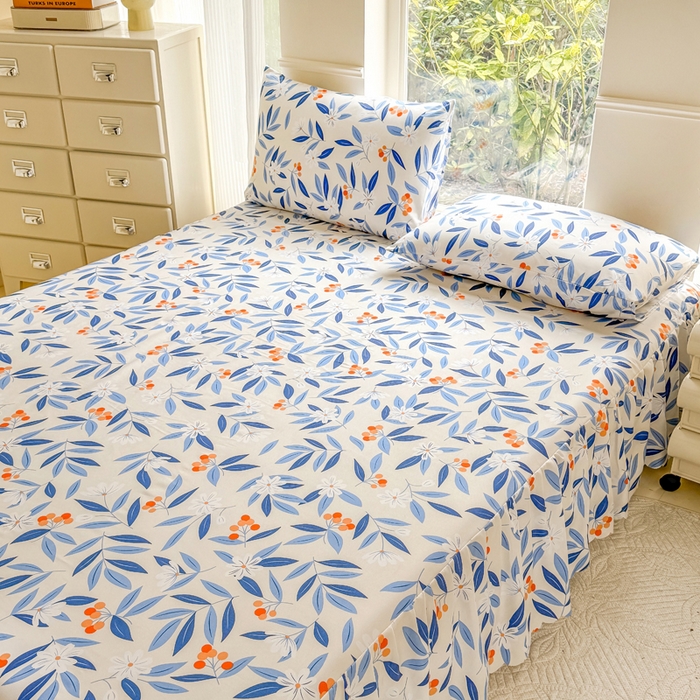 91家纺网 家纺一手货源 找家纺 莎臣豹 2025新款植物羊绒单品单件单床裙可配床裙三件套 蓝橙叶语