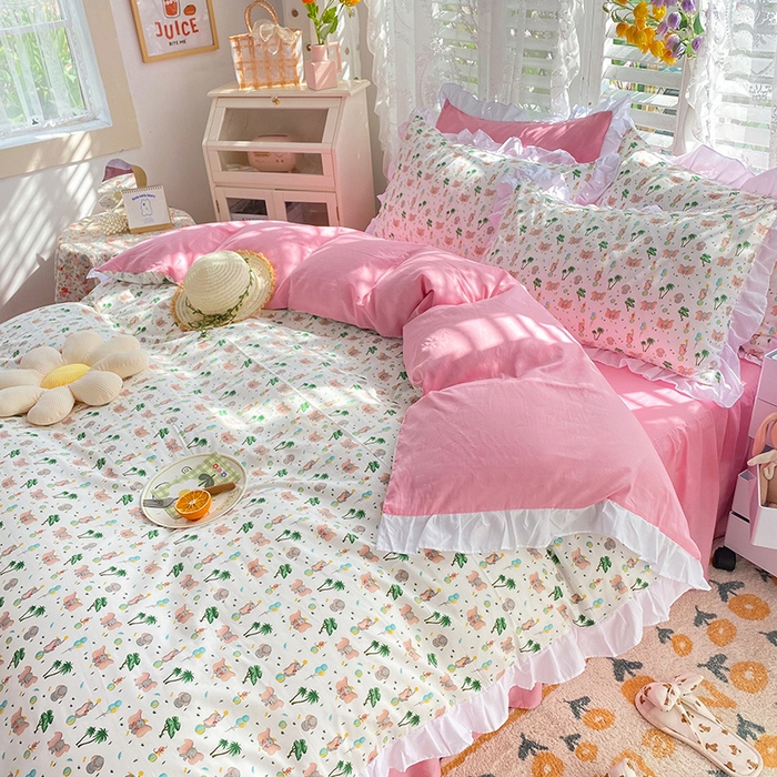 91家纺网 家纺一手货源 找家纺 2025新款公主风四件套全棉纯棉白花边被套床单款式三件套 小飞象