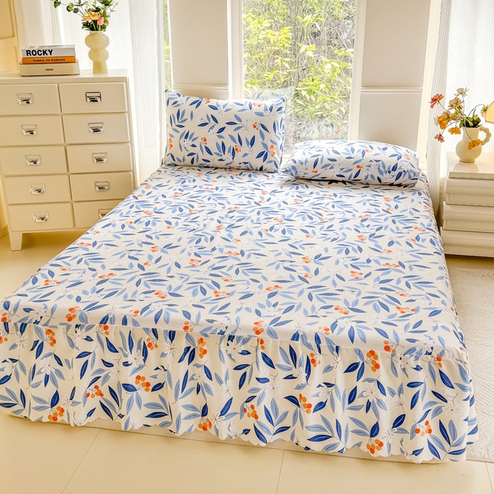 91家纺网 家纺一手货源 找家纺 莎臣豹 2025新款植物羊绒单品单件单床裙可配床裙三件套 蓝橙叶语