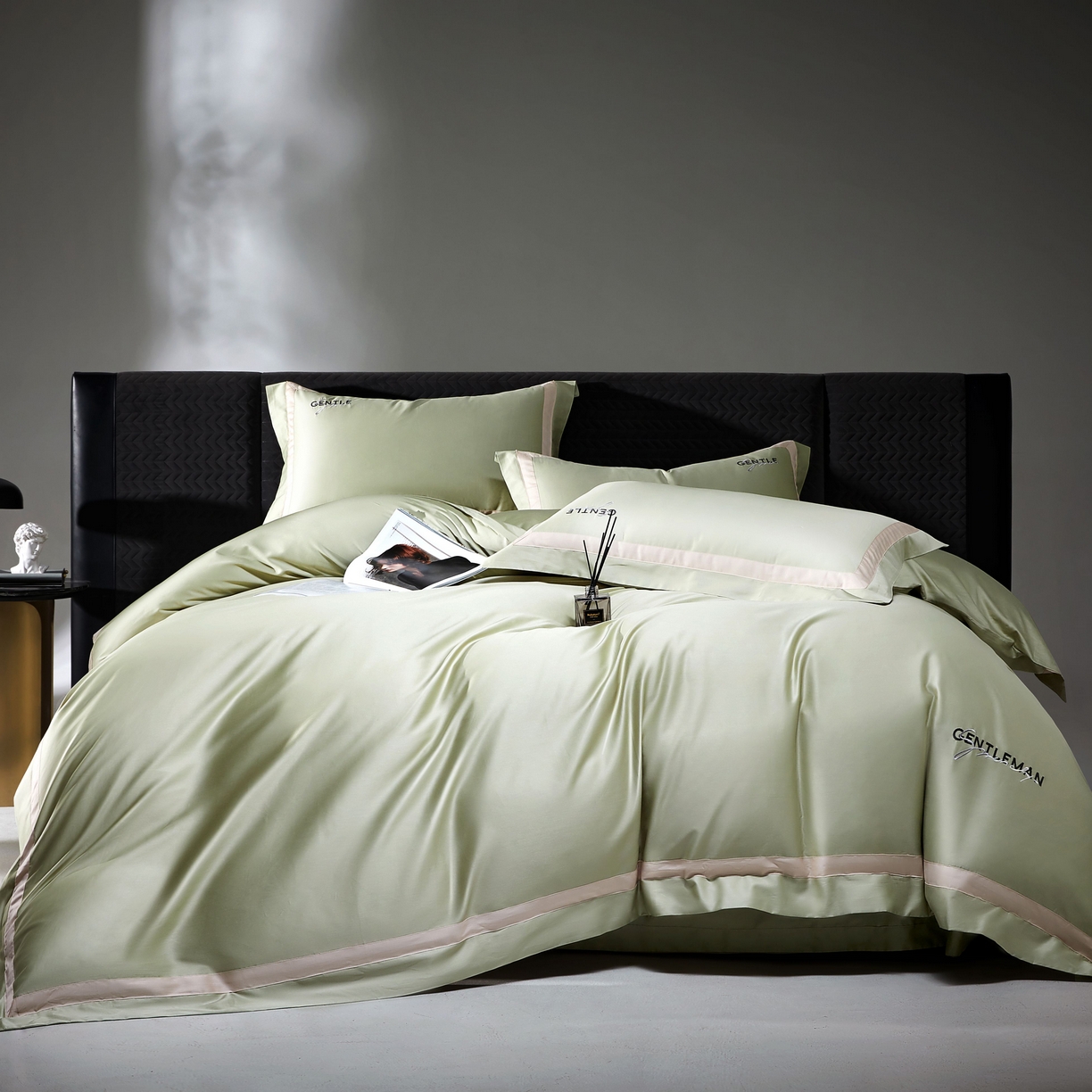 91家纺网 家纺一手货源 找家纺 佳汐蓝家纺 2025春夏新款新疆棉纯棉轻奢四件套（贴边款） 绿灰色