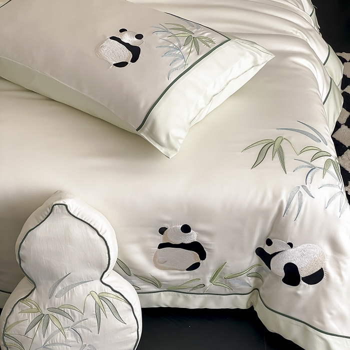 91家纺网 家纺一手货源 找家纺 MIU缪家居 2025新款60支兰精天丝四件套-熊猫与竹 熊猫与竹-爽白