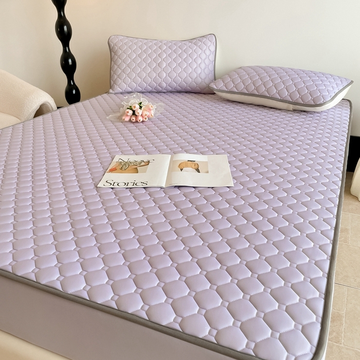 91家纺网 家纺一手货源 找家纺 欧邦2025新款纯色加厚乳胶床笠三件套 方格-浅紫