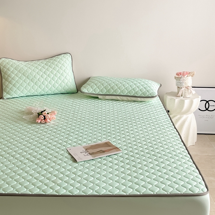 91家纺网 家纺一手货源 找家纺 欧邦2025新款纯色加厚乳胶床笠三件套 方格-水绿