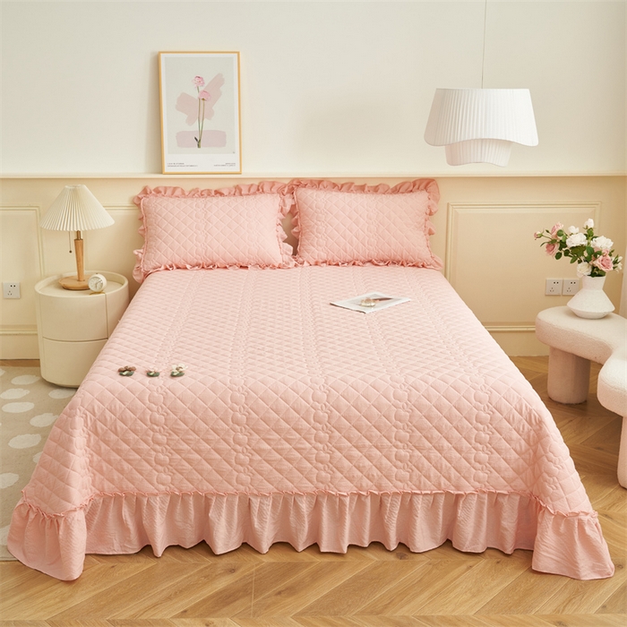 91家纺网 家纺一手货源 找家纺 恒爱家纺 2025新款A类泡泡纱床盖-杜鹃 浅豆沙