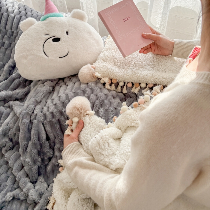 91家纺网 家纺一手货源 找家纺 潮邦创意家居 2025新款 奶芙绒流苏球毛毯 浅蓝灰