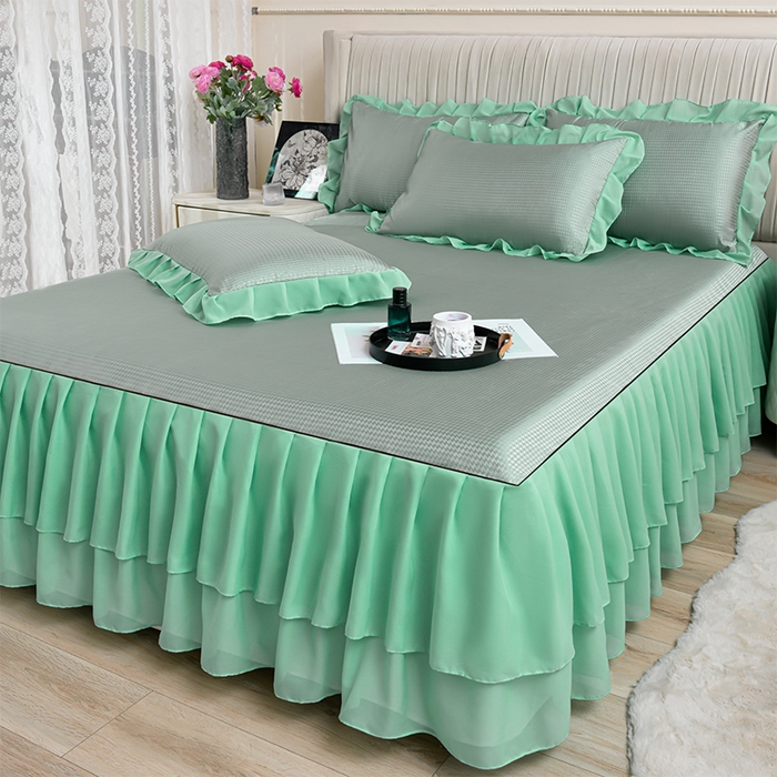 91家纺网 家纺一手货源 找家纺 家之硕家纺 2025新款冰丝凉席床裙款三件套 浅绿色