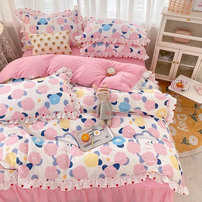 91家纺网 家纺一手货源 找家纺 2025新款公主风四件套全棉纯棉白花边被套床单款式三件套 小红花