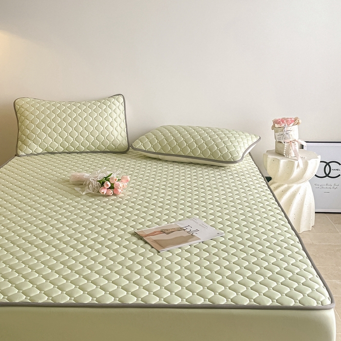 91家纺网 家纺一手货源 找家纺 欧邦2025新款纯色加厚乳胶床笠三件套 方格-果绿