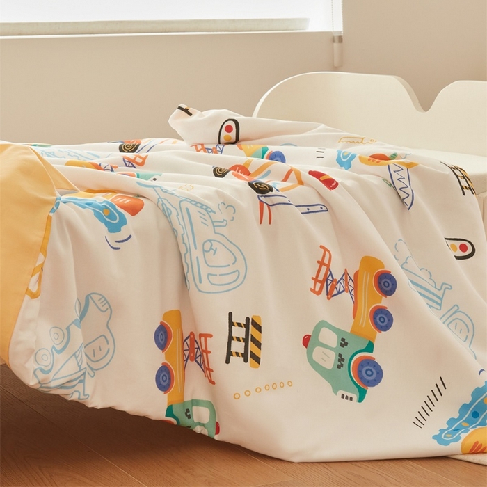 91家纺网 家纺一手货源 找家纺 艾佳宝贝 2025新款A类儿童全棉多功能单被套可拆式夏被四季被子 工程小车