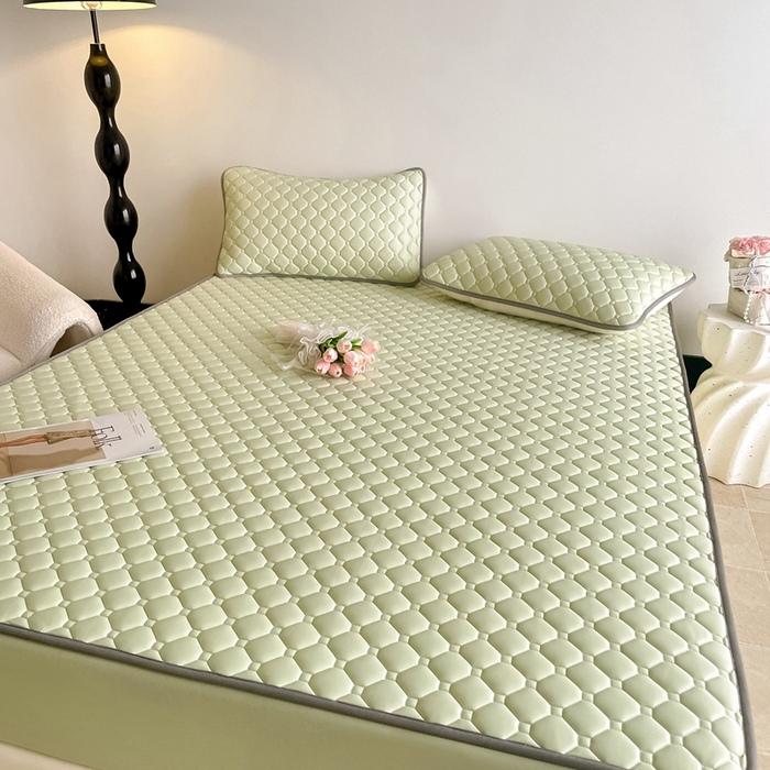 91家纺网 家纺一手货源 找家纺 欧邦2025新款纯色加厚乳胶床笠三件套 方格-果绿