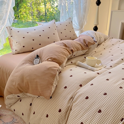 仟网汇 2025新款亲肤舒适提花小竺棉彩竹棉彩竺棉系列四件套 彩竺棉-爱心咖