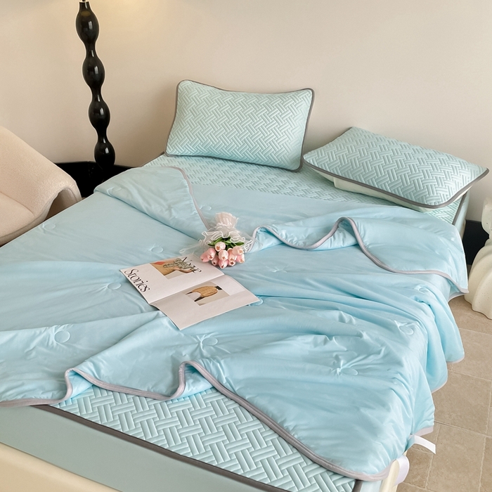 91家纺网 家纺一手货源 找家纺 欧邦2025新款纯色加厚乳胶床笠三件套 饼干花-湖蓝