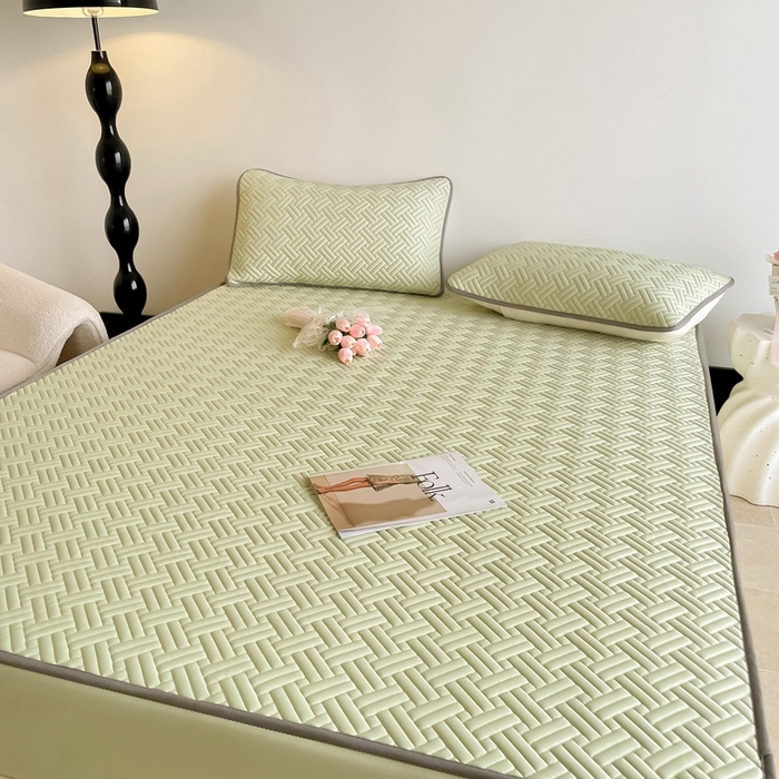 91家纺网 家纺一手货源 找家纺 欧邦2025新款纯色加厚乳胶床笠三件套 饼干花-果绿