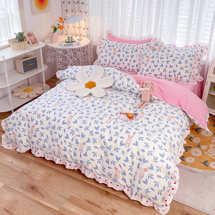 91家纺网 家纺一手货源 找家纺 2025新款公主风四件套全棉纯棉白花边被套床单款式三件套 兔宝宝