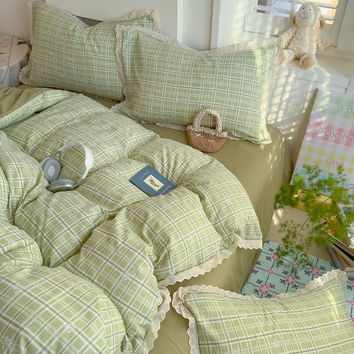 91家纺网 家纺一手货源 找家纺 竹合家纺 2025新款春日碎花法式镂空花边款式提花皱皱四件套 法式-结美绿