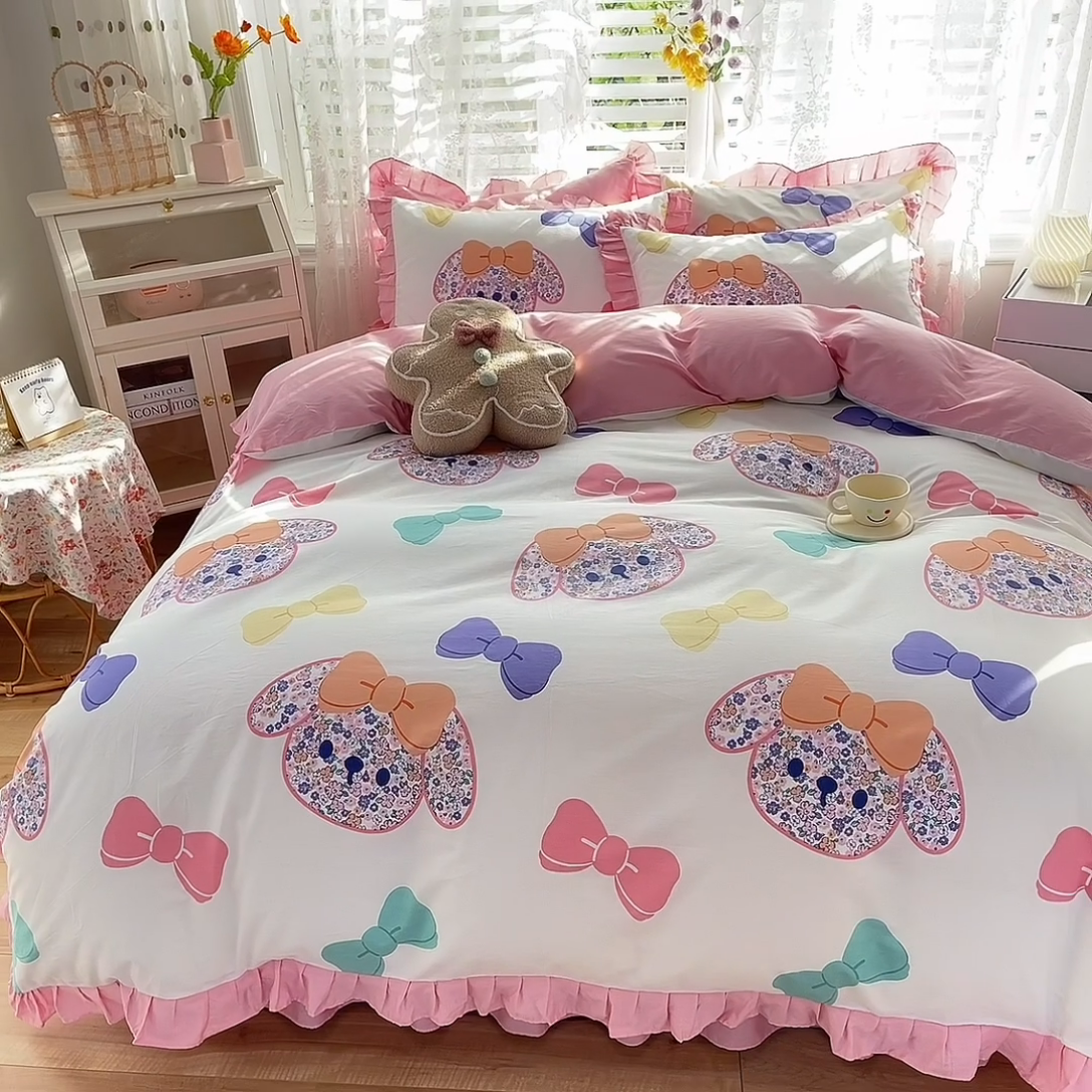 91家纺网 家纺一手货源 找家纺 2025新款公主风四件套全棉纯棉白花边被套床单款式三件套 蝴蝶结