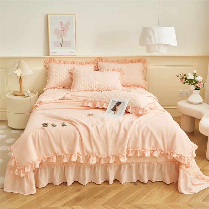 91家纺网 家纺一手货源 找家纺 恒爱家纺 2025新款A类泡泡纱床盖-杜鹃 美人玉