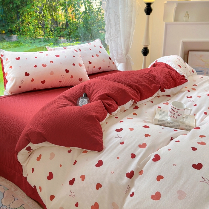 91家纺网 家纺一手货源 找家纺 仟网汇 2025新款亲肤舒适提花小竺棉彩竹棉彩竺棉系列四件套 彩竺棉-红爱心